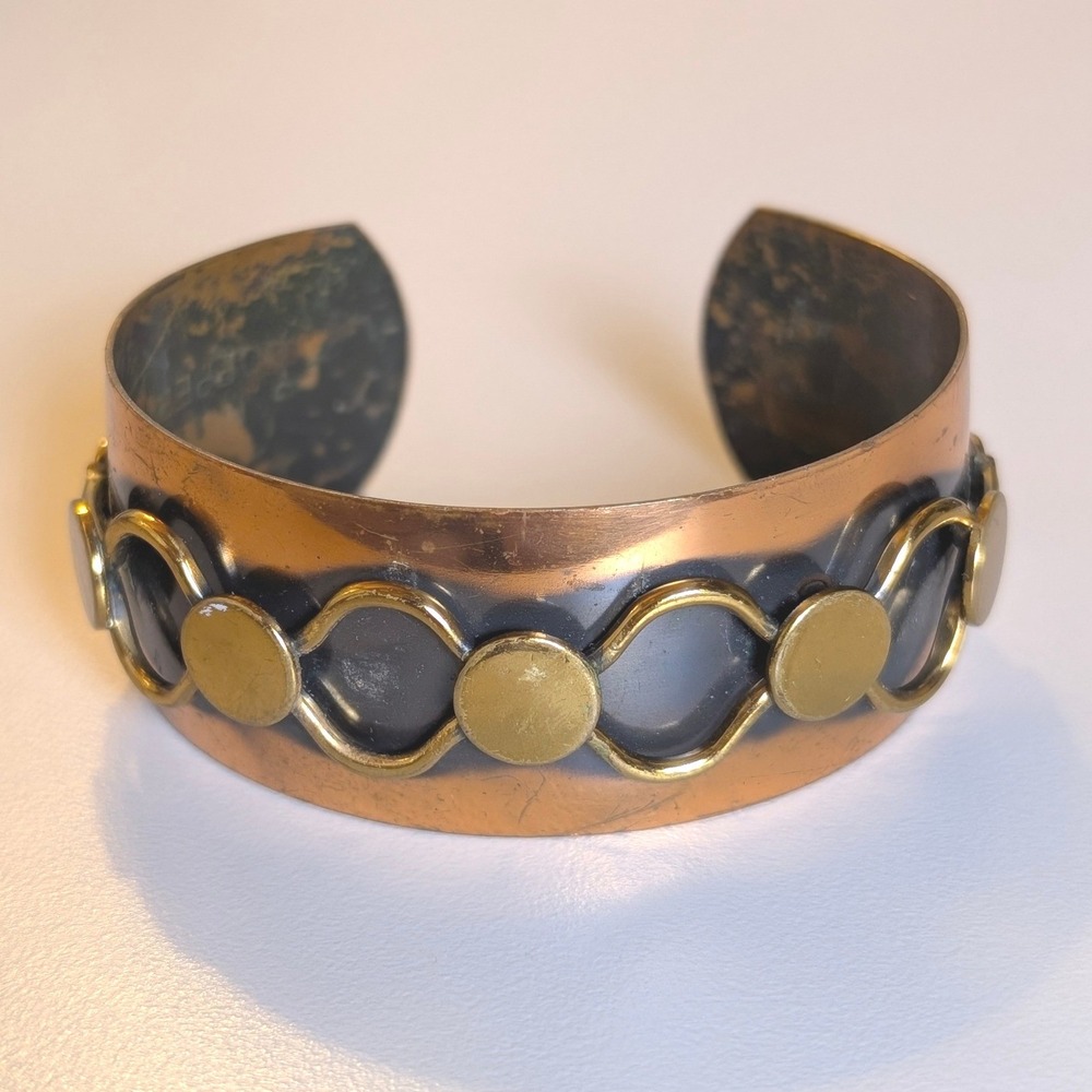 Vintage Genuine Copper Cuff Bracelet Brass Geometric Mixed Metal Wide Chunky